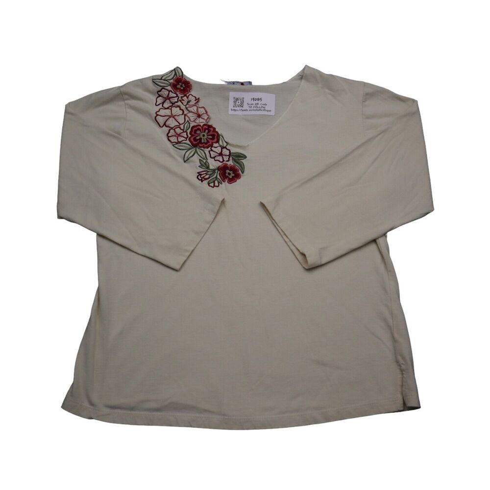 Phool Shirt Womens S Ivory Long Sleeve VNeck Embroidered Floral Casual Top